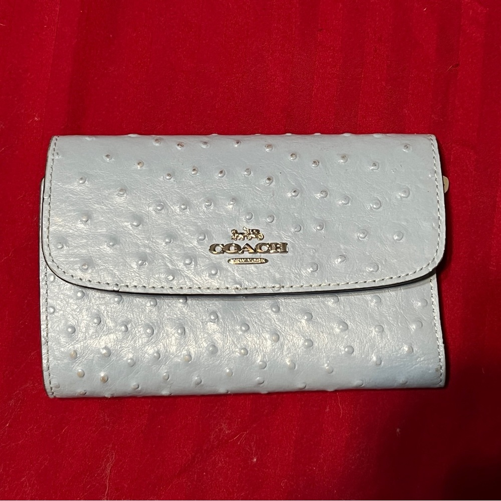 Coach ostrich trifold wallet soft cornflower blue
